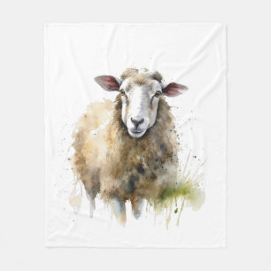 white sheep in a pasture painted in water colour fleece blanket