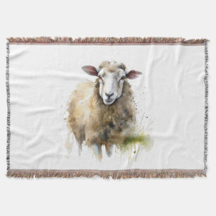 white sheep in a pasture painted in water colour throw blanket