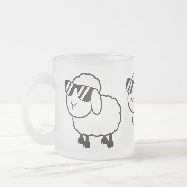 White Sheep in Sunglasses Cartoon Frosted Glass Coffee Mug (Left)
