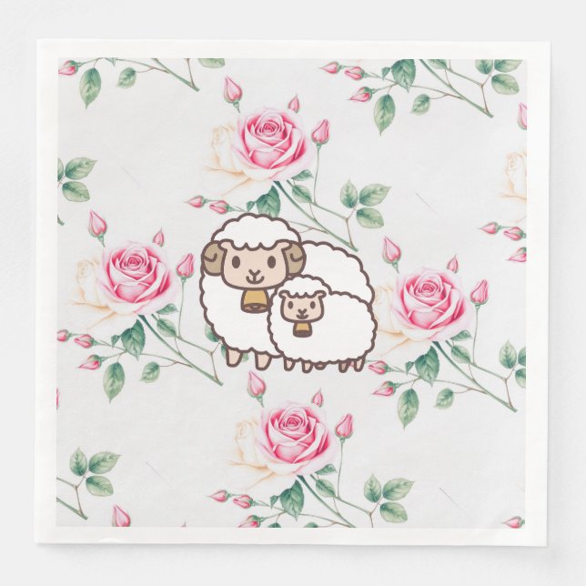 White Sheep with Baby Lamb And Rose Flowers Napkin (Front)