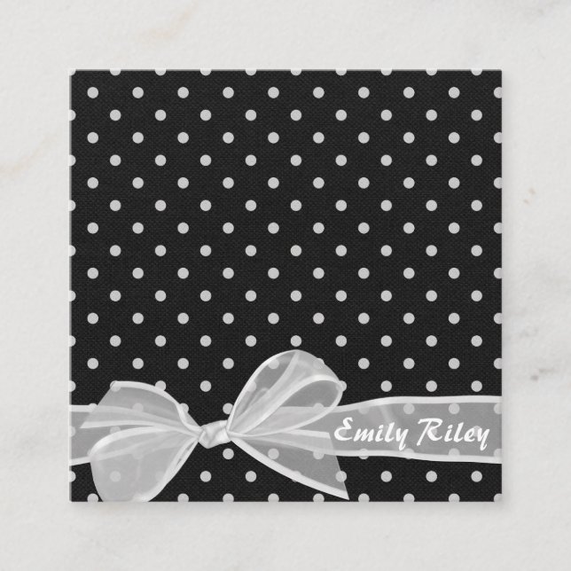white sheer bow on polka dot pattern square business card (Front)
