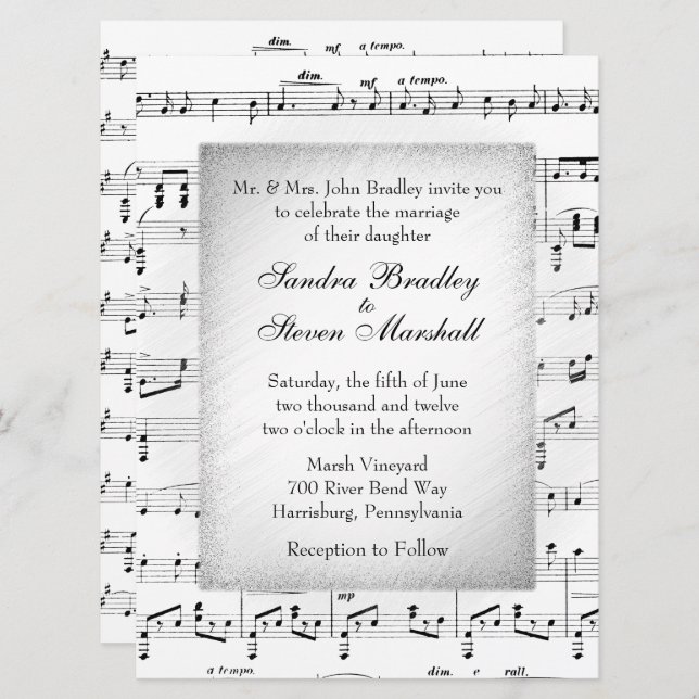 White Sheet Music Wedding Theme Invitation (Front/Back)