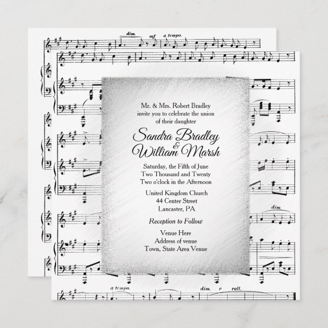White Sheet Music Wedding Theme Invitation (Front/Back)