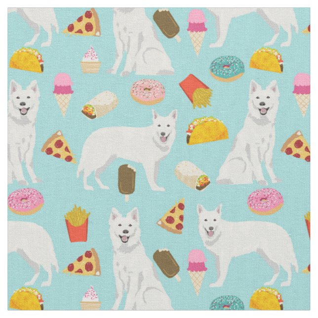 white shepherd dog junk food light blue fabric (Close Up)