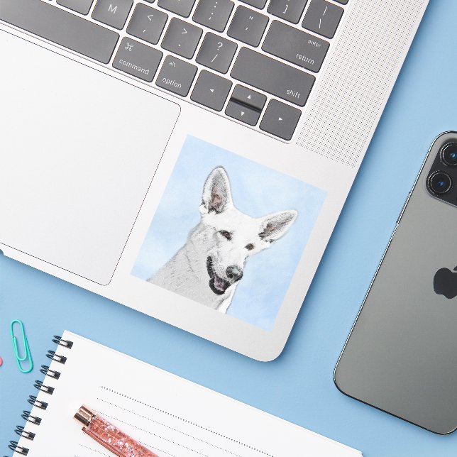 White Shepherd Painting - Cute Original Dog Art (Laptop w/ iPhone)