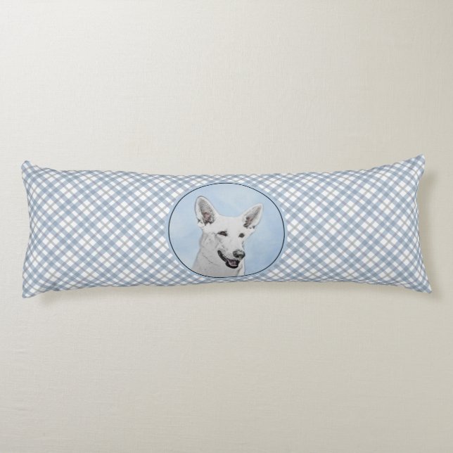 White Shepherd Painting - Cute Original Dog Art Body Cushion (Back)