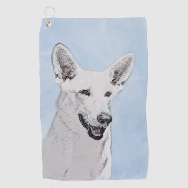 White Shepherd Painting - Cute Original Dog Art Golf Towel (Front)