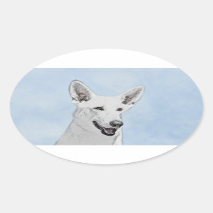 White Shepherd Painting - Cute Original Dog Art Oval Sticker