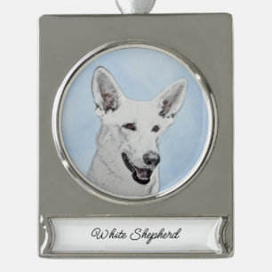 White Shepherd Painting - Cute Original Dog Art Si Silver Plated Banner Ornament