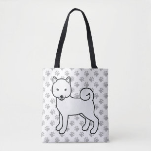 White Shiba Inu Cute Cartoon Dog & Paws Tote Bag