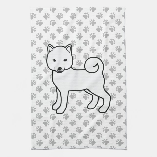 White Shiba Inu Cute Dog With Paws Pattern Tea Towel (Vertical)