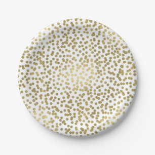 White & Shiny Gold Dots Confetti Elegant Chic Glam Paper Plate