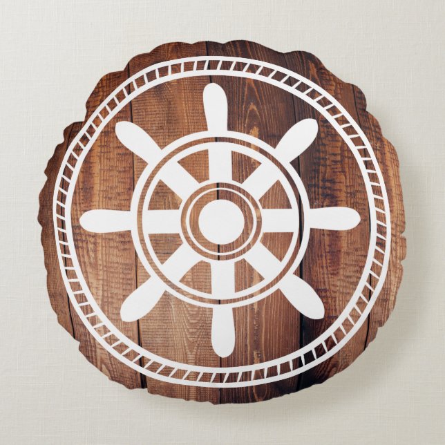 White Ship Wheel Nautical Wood Planks Round Cushion (Front)