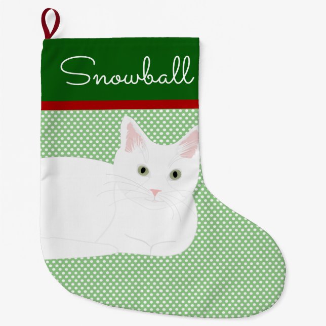 White Shorthair Cat Personalised Large Christmas Stocking (Front)