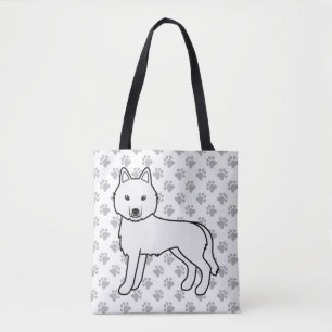 White Siberian Husky Cartoon Dog & Paws Tote Bag