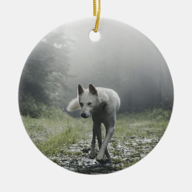 White Siberian Husky Ceramic Tree Decoration (Front)