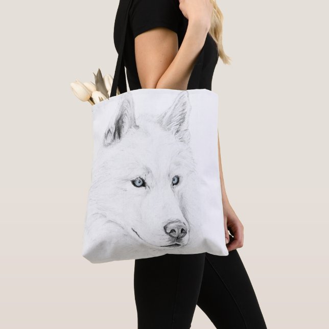 White Siberian Husky Drawing Art Tote Bag (Close Up)