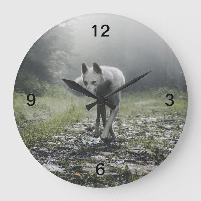 White Siberian Husky Large Clock (Front)