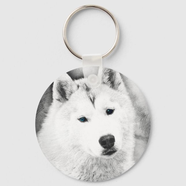 White Siberian Husky w/ Blue Eyes Fine Art Sketch Key Ring (Front)
