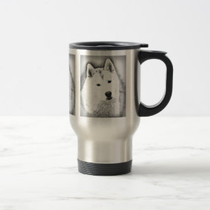 White Siberian Husky w/ Blue Eyes Fine Art Sketch Travel Mug