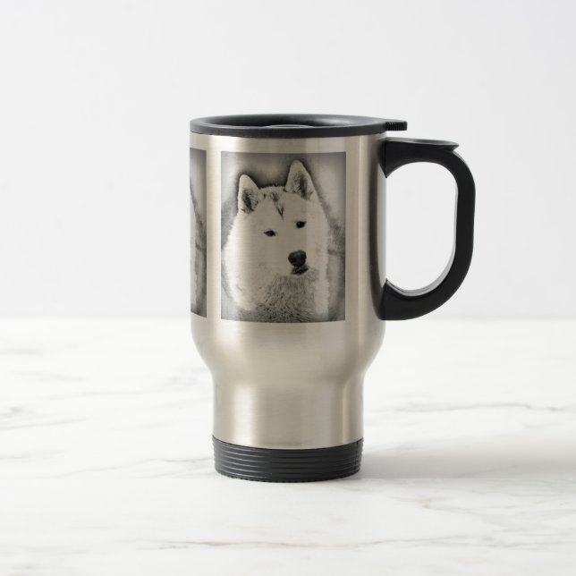 White Siberian Husky w/ Blue Eyes Fine Art Sketch Travel Mug (Right)