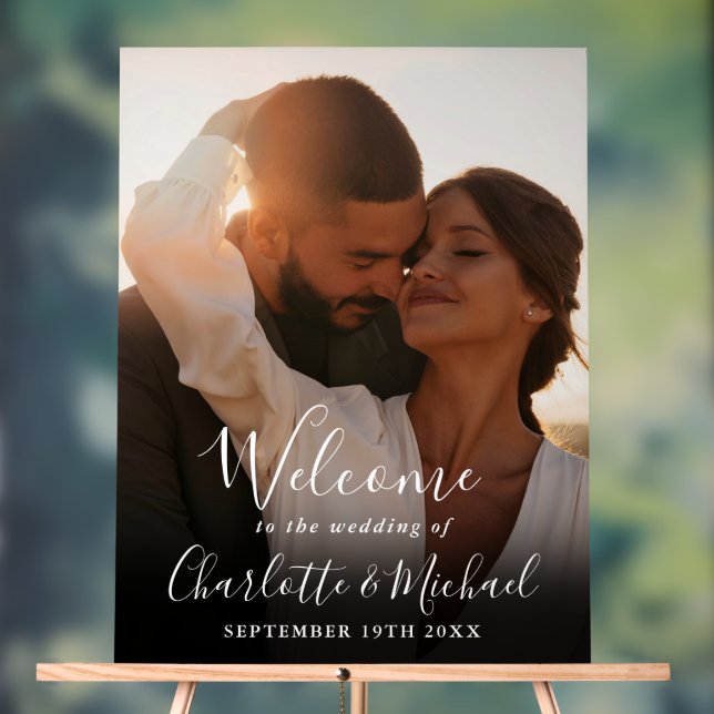 White Signature Script Photo Wedding Welcome Acrylic Sign (Neutral)