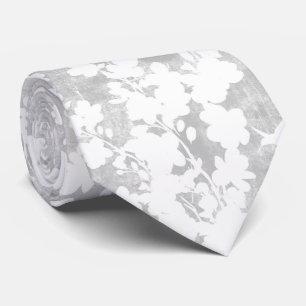 white silhouette blossoms and hummingbird on grey tie