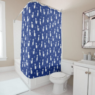 White Silhouette Cats Pattern on Blue Shower Curtain