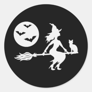 White Silhouette Of A Witch On A Broom Halloween Classic Round Sticker