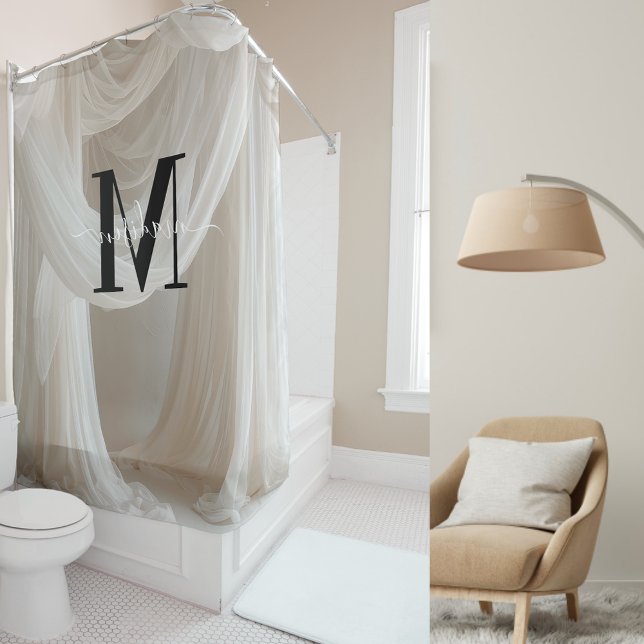 White Silk Black Bold Monogram Cute Script Wedding Shower Curtain (Creator Uploaded)