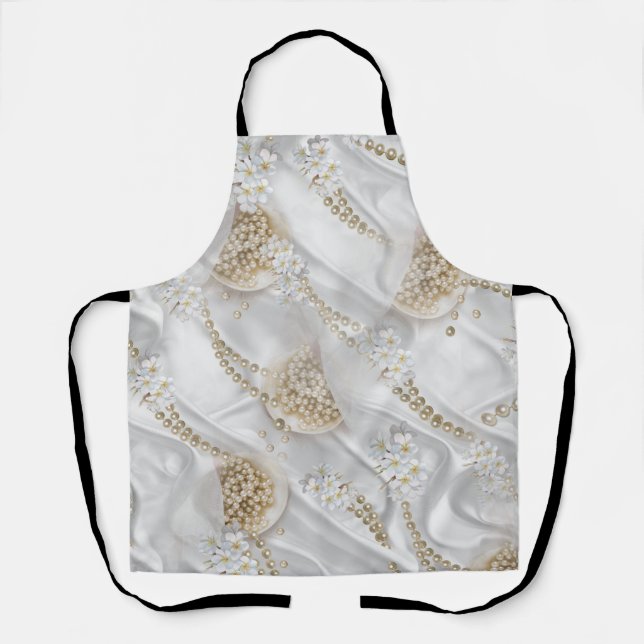 White Silk & Ivory Champaign Pearls All-Over-Prin Apron (Front)