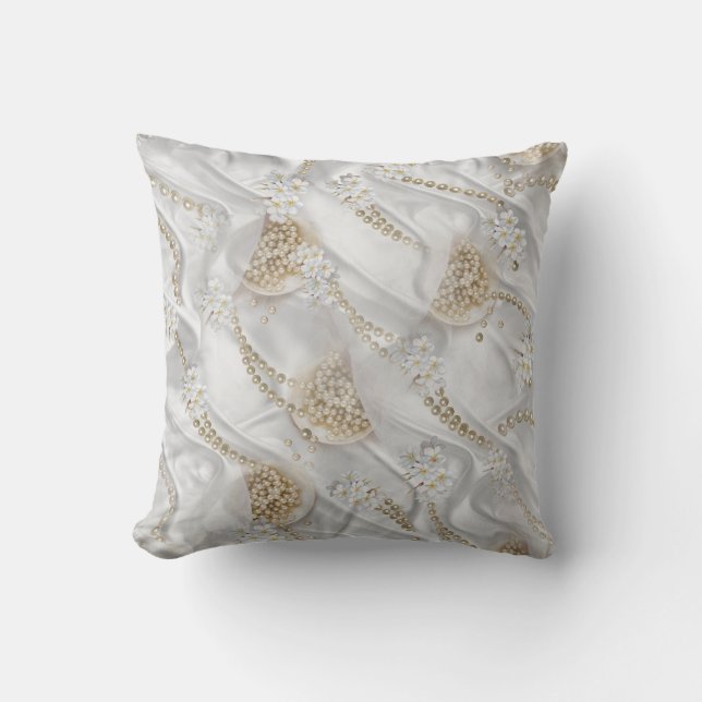 White Silk & Ivory Champaign Pearls Cushion (Front)