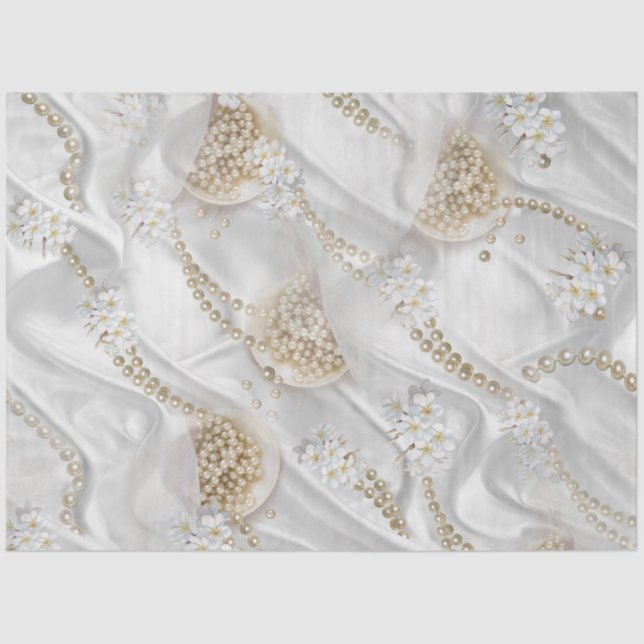 White Silk & Ivory Champaign Pearls Tissue Paper (Front)