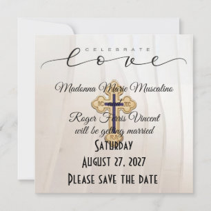 White Silk with Crucifix Flat Save The Date Card