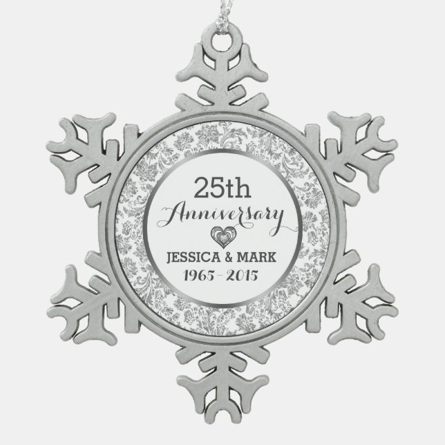 White & Silver 25th Wedding Anniversary Snowflake Pewter Christmas Ornament (Front)