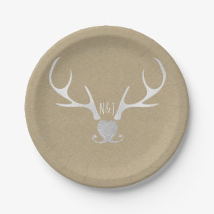 White Silver Antlers & Brown Paper Rustic Wedding Plate
