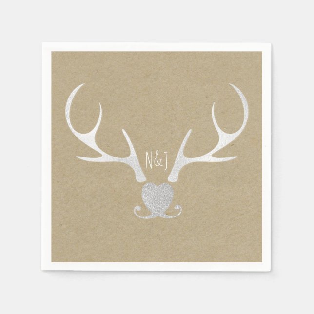 White Silver Antlers & Brown Rustic Wedding Napkin (Front)