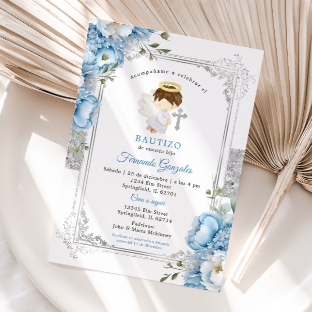 White Silver Boy Spanish Bautizo Blue Flowers Invitation (Creator Uploaded)