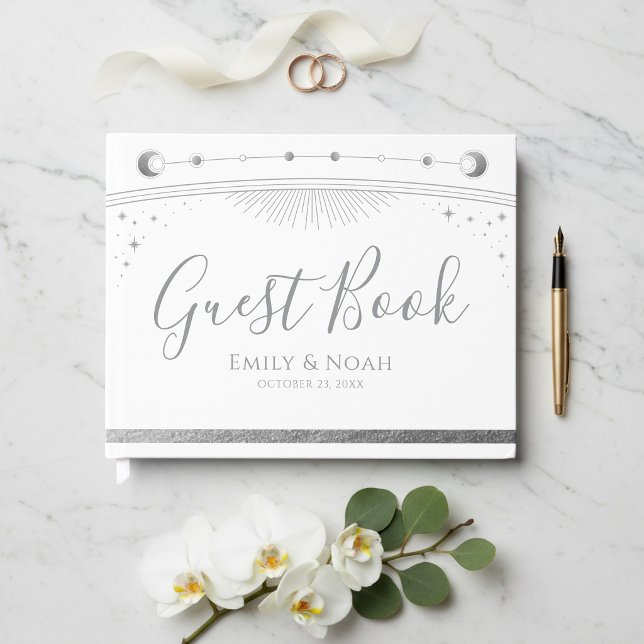 White Silver Celestial Sun Moon Stars Wedding Guest Book (Creator Uploaded)