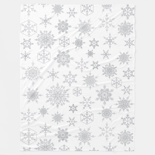 White & Silver Christmas Snowflake Pattern Winter Fleece Blanket (Front)