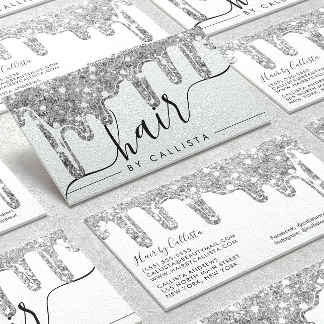 White Silver Chunky Glitter Thick Drips Hair Business Card (Creator Uploaded)