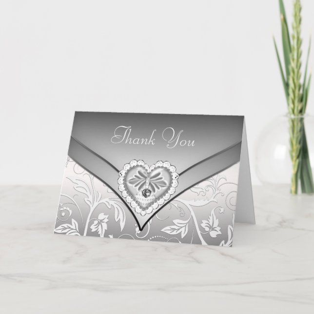 White Silver Diamond Heart Thank You Cards (Front)