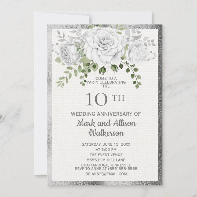 White Silver Floral 10th Wedding Anniversary Invitation (Front)