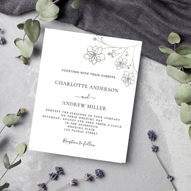 White silver floral budget wedding invitation flyer (Creator Uploaded)
