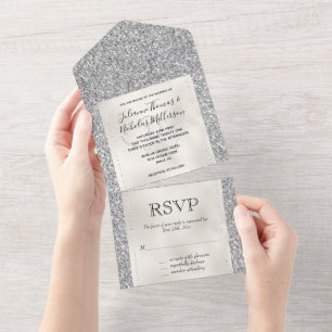 White Silver Glam Glitter Hearts      All In One Invitation