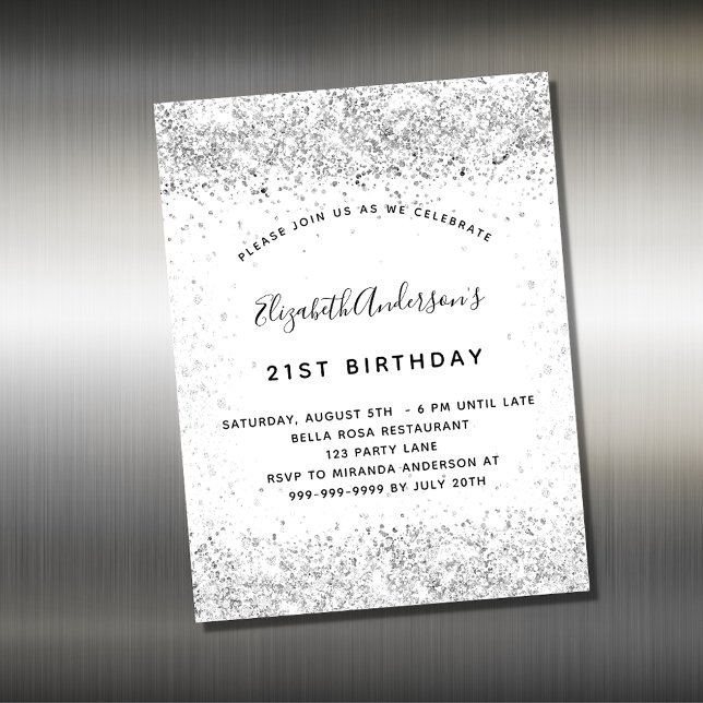 White silver glitter birthday invitation magnet (Creator Uploaded)