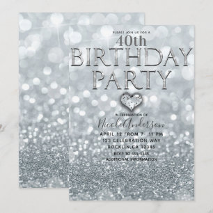 White Silver Glitter Bokeh Glam Birthday Party Invitation