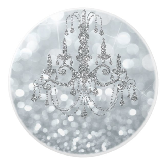 White Silver Glitter Bokeh Glam Chandelier Sparkle Ceramic Knob (Front)