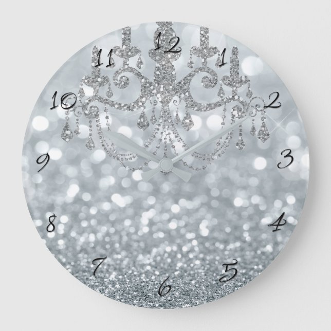White Silver Glitter Bokeh Glam Chandelier Sparkle Large Clock (Front)