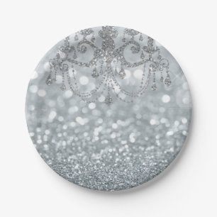 White Silver Glitter Bokeh Glam Chandelier Sparkle Paper Plate